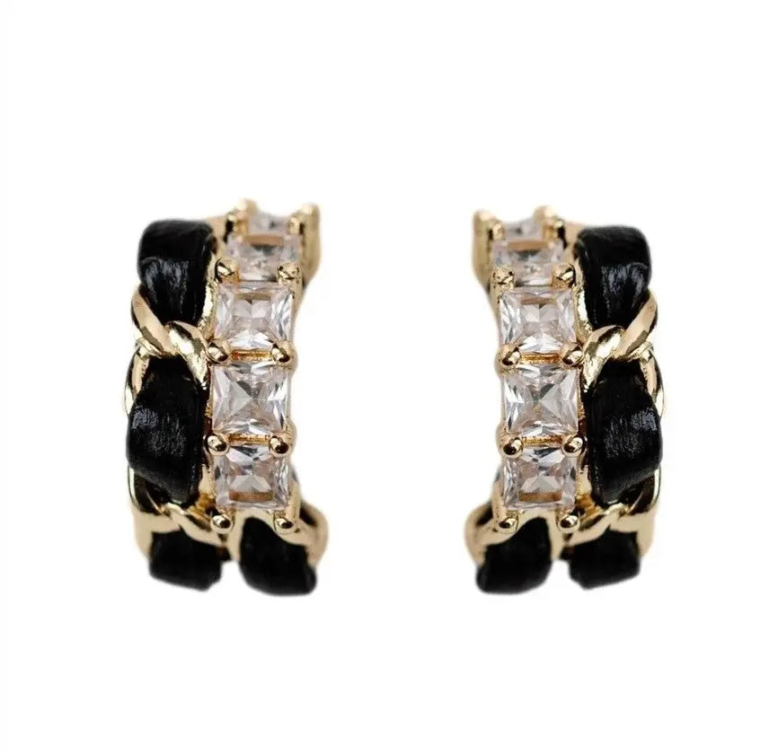 The Tiny Details Black Leather Chain Wrapped Statement Hoop Earrings
