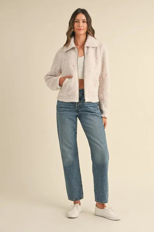 Bow Embroidered Teddy Jacket - The Tiny Details