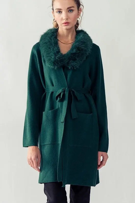The Tiny Details Faux Fur Collar Sweater Coat