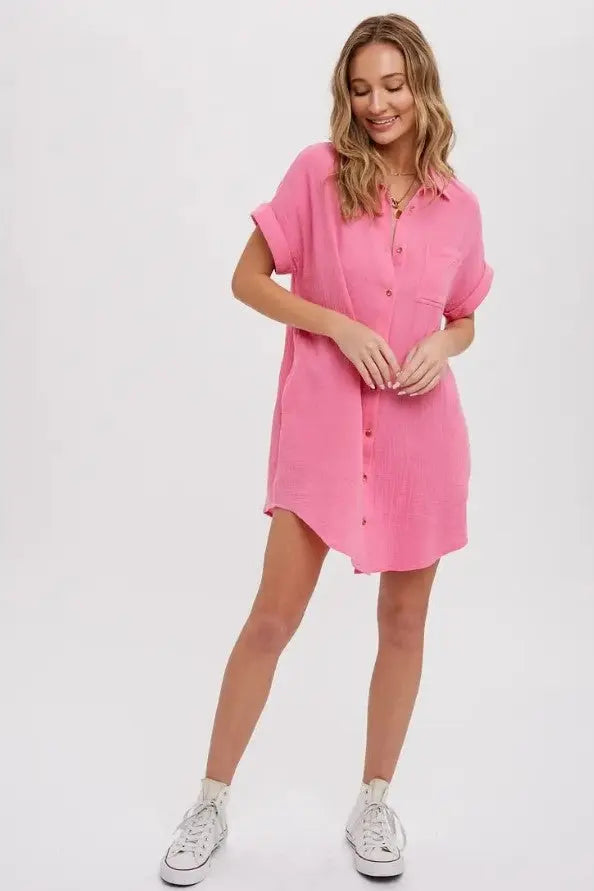 The Tiny Details Pink Button Down Pocket Shirt Dress