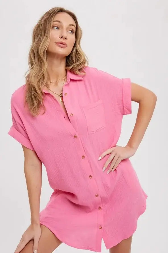 The Tiny Details Pink Button Down Pocket Shirt Dress