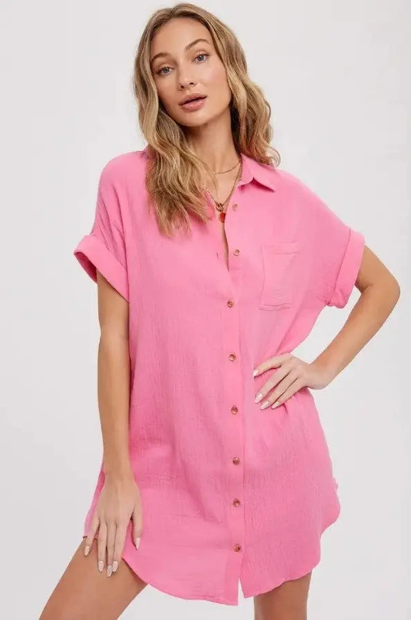 The Tiny Details Pink Button Down Pocket Shirt Dress