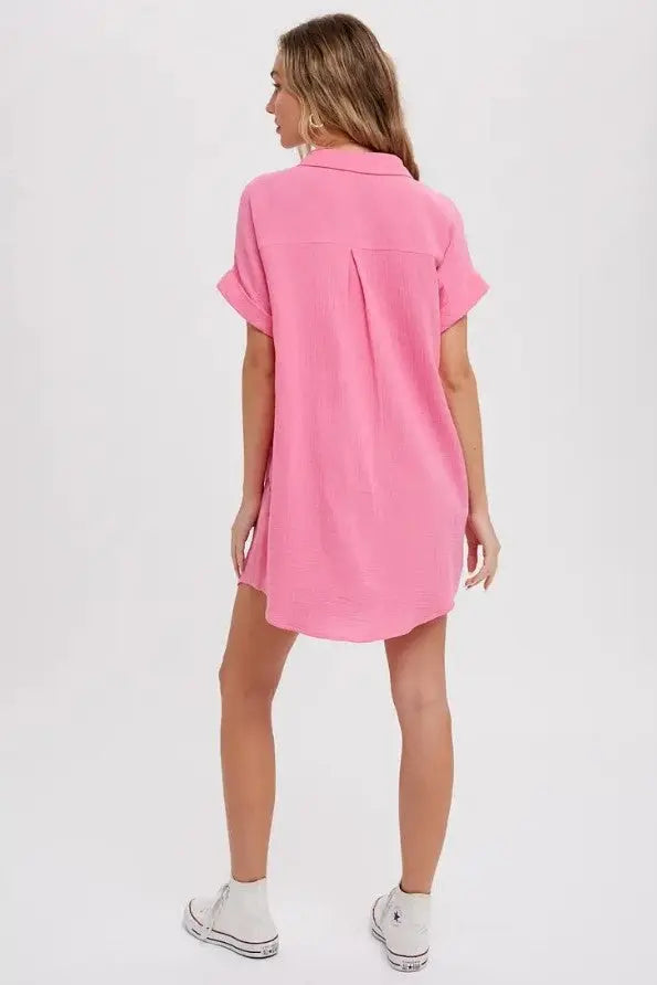 The Tiny Details Pink Button Down Pocket Shirt Dress