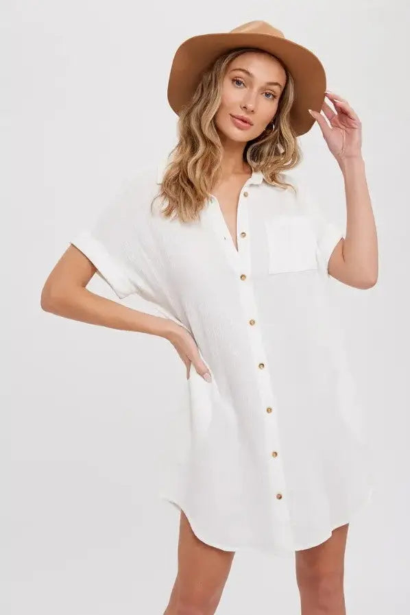 The Tiny Details Pocket Ivory Button Down Shirt Dress