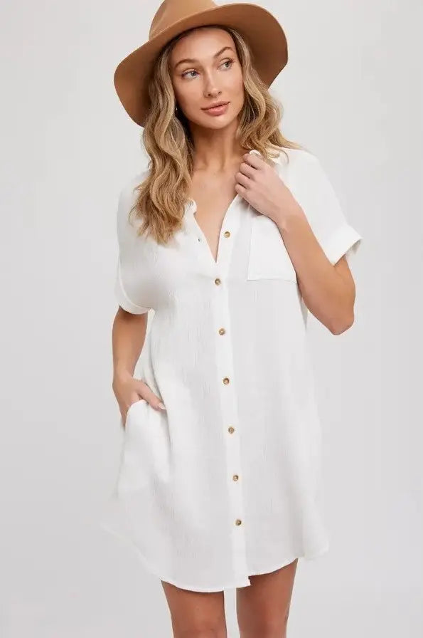 The Tiny Details Pocket Ivory Button Down Shirt Dress