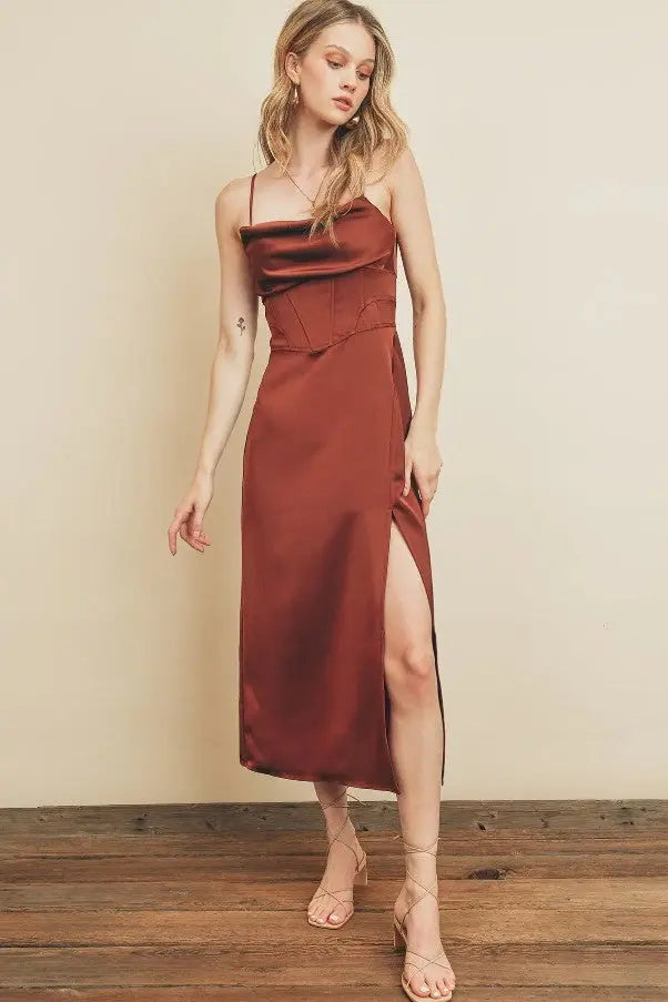 The Tiny Details Corset Satin Midi Dress