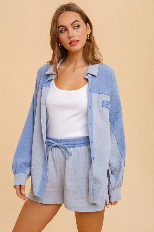 The Tiny Details Cotton Gauze Blue Colorblock Oversized Shirt