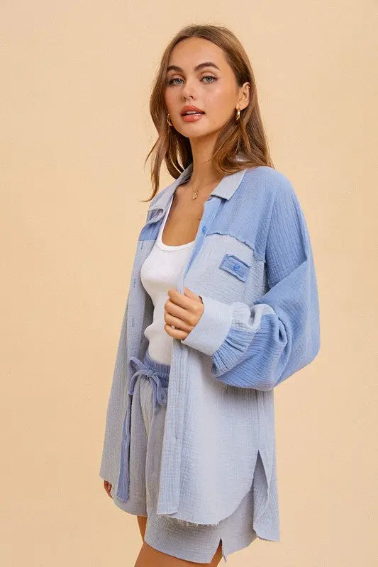 The Tiny Details Cotton Gauze Blue Colorblock Oversized Shirt