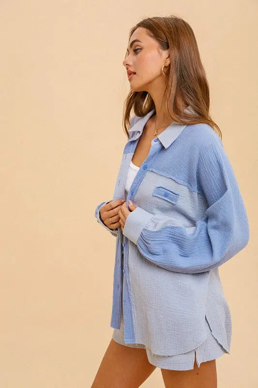The Tiny Details Cotton Gauze Blue Colorblock Oversized Shirt