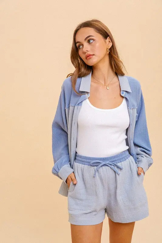 The Tiny Details Cotton Gauze Blue Colorblock Shorts