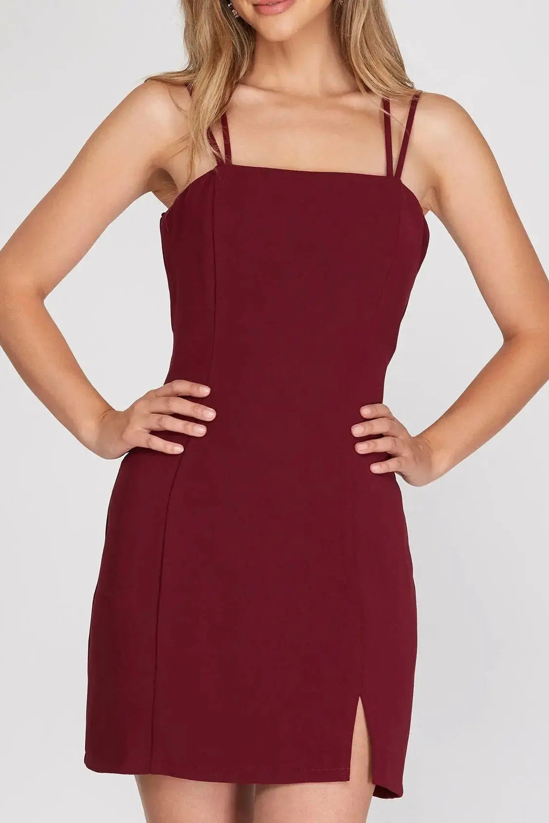 The Tiny Details Double Strap Woven Mini Dress in Wine