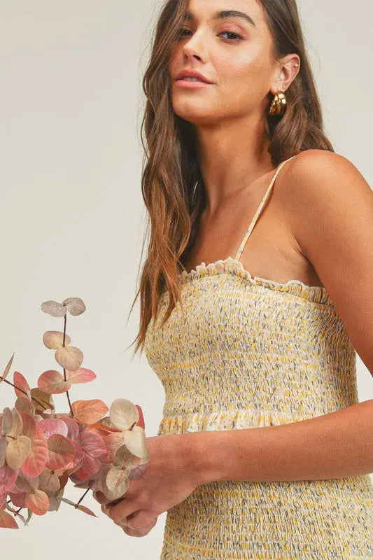 The Tiny Details Floral Print Smocking Midi Dress