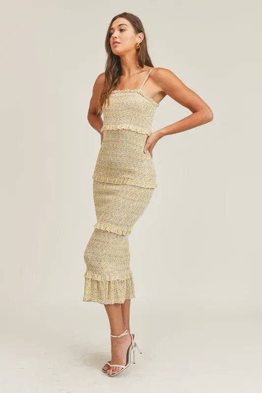 The Tiny Details Floral Print Smocking Midi Dress