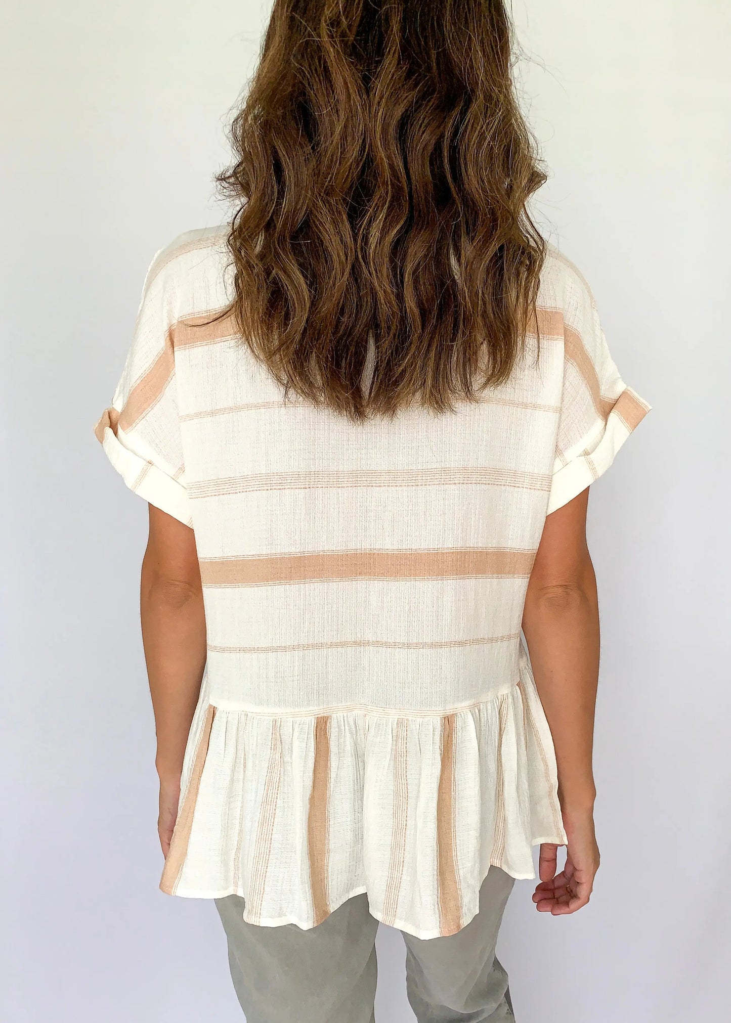 The Tiny Details Khaki Striped Button Down Short Sleeve Top