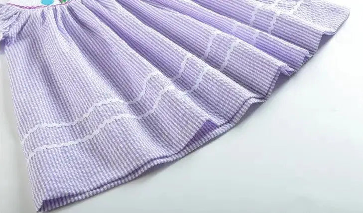The Tiny Details Lavender Seersucker Bunny & Bow Smocked Bishop Dress