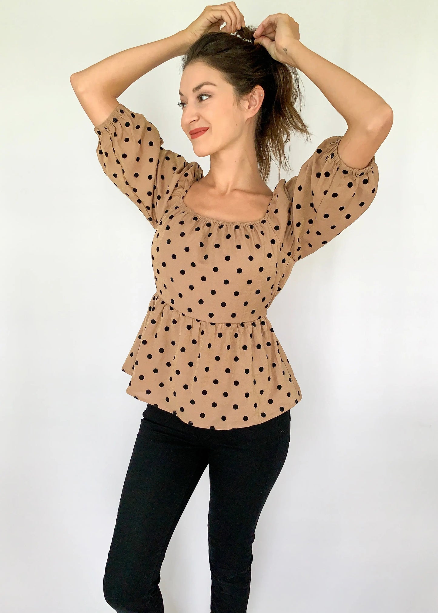 The Tiny Details Mocha Polka Dot Square Neckline Top