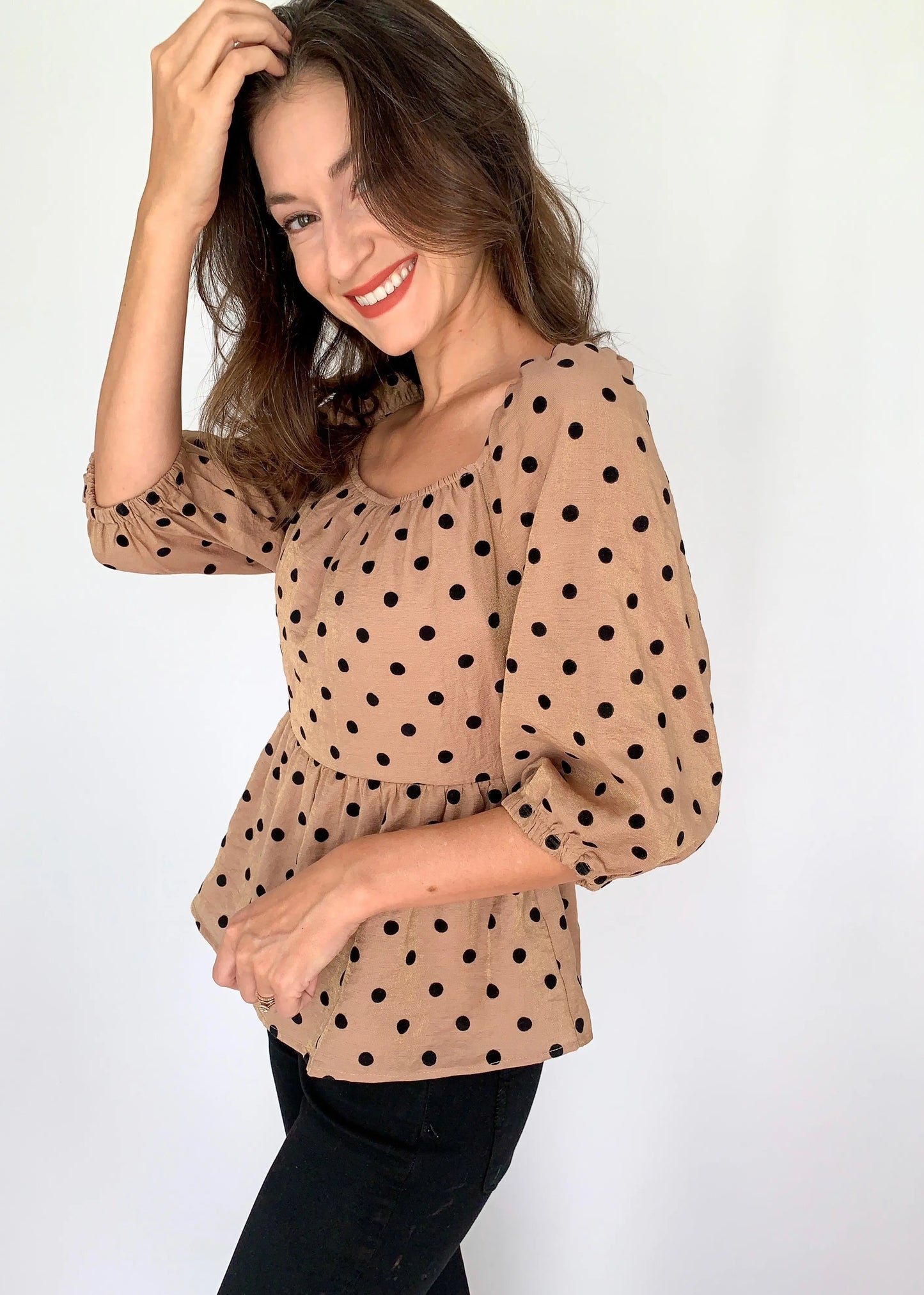 The Tiny Details Mocha Polka Dot Square Neckline Top