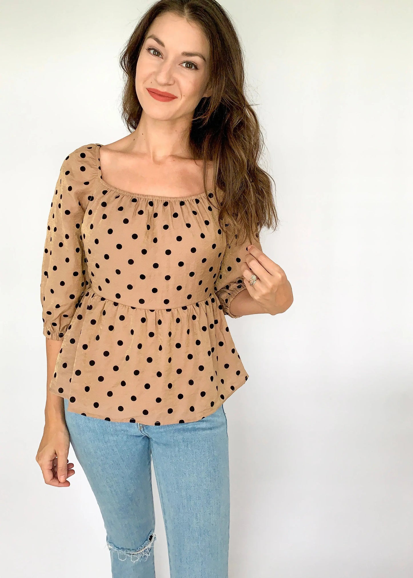 The Tiny Details Mocha Polka Dot Square Neckline Top
