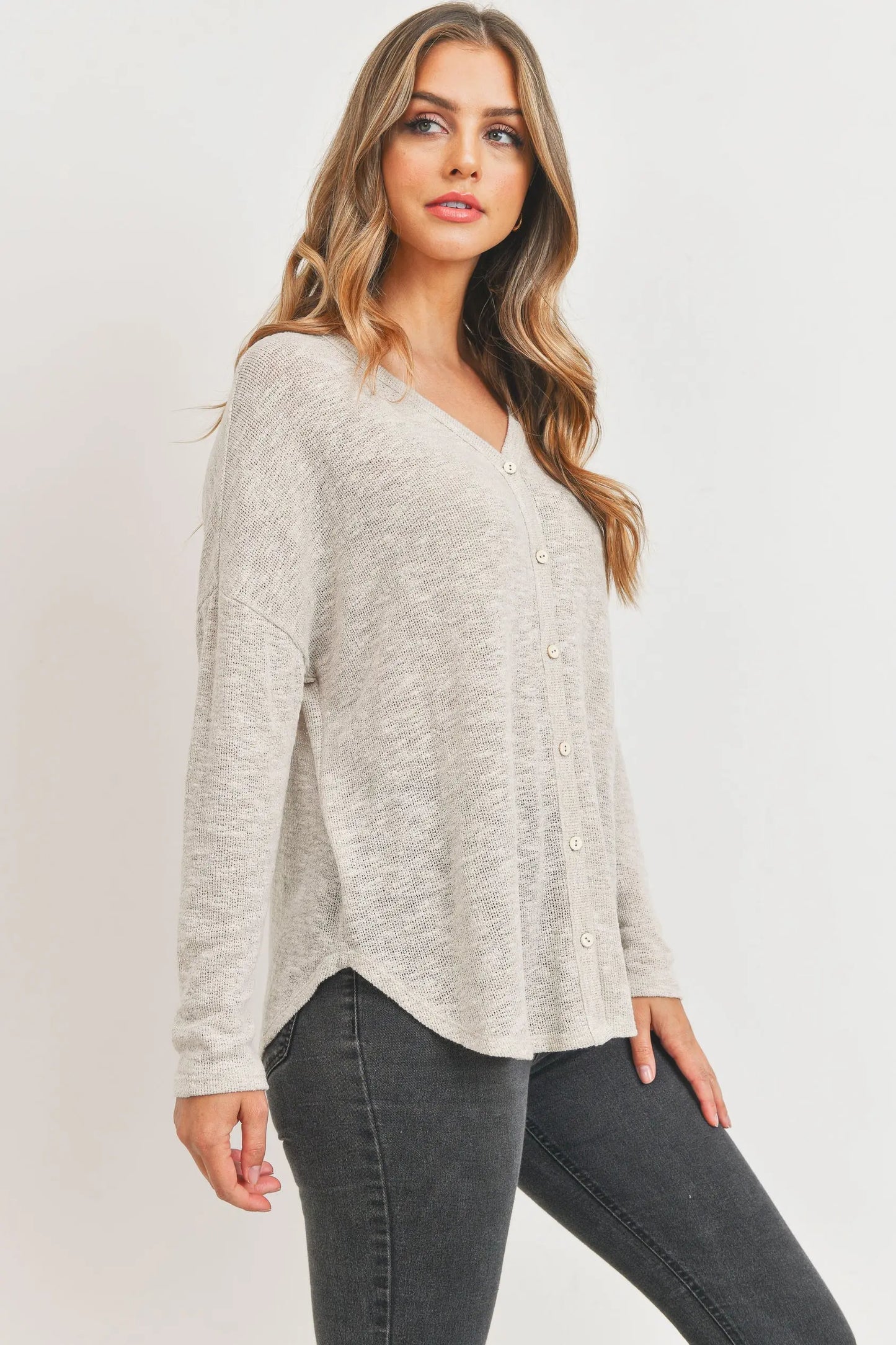 The Tiny Details Oatmeal Lightweight Long Sleeve Button Down Top