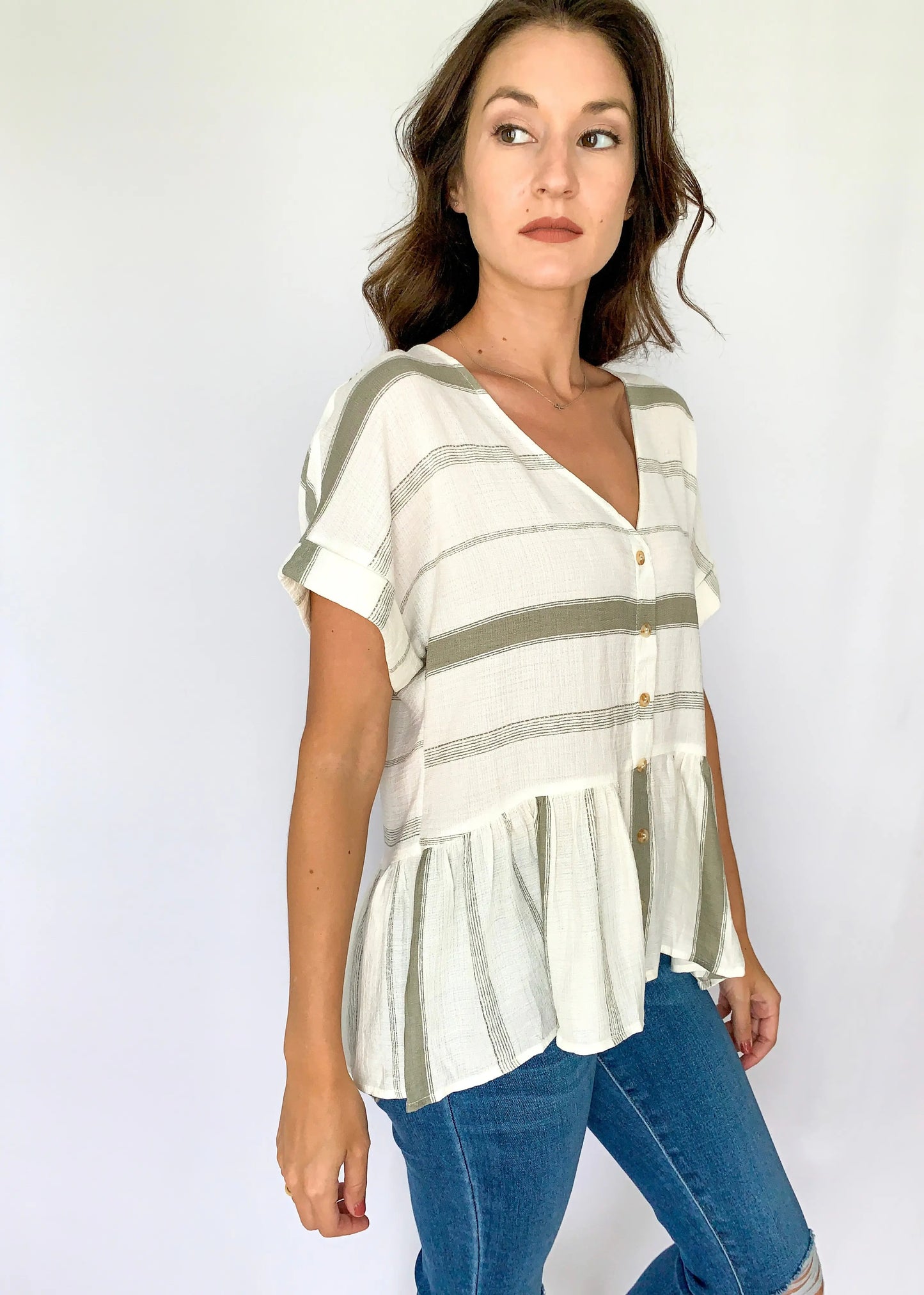 The Tiny Details Olive Striped Button Down Short Sleeve Top