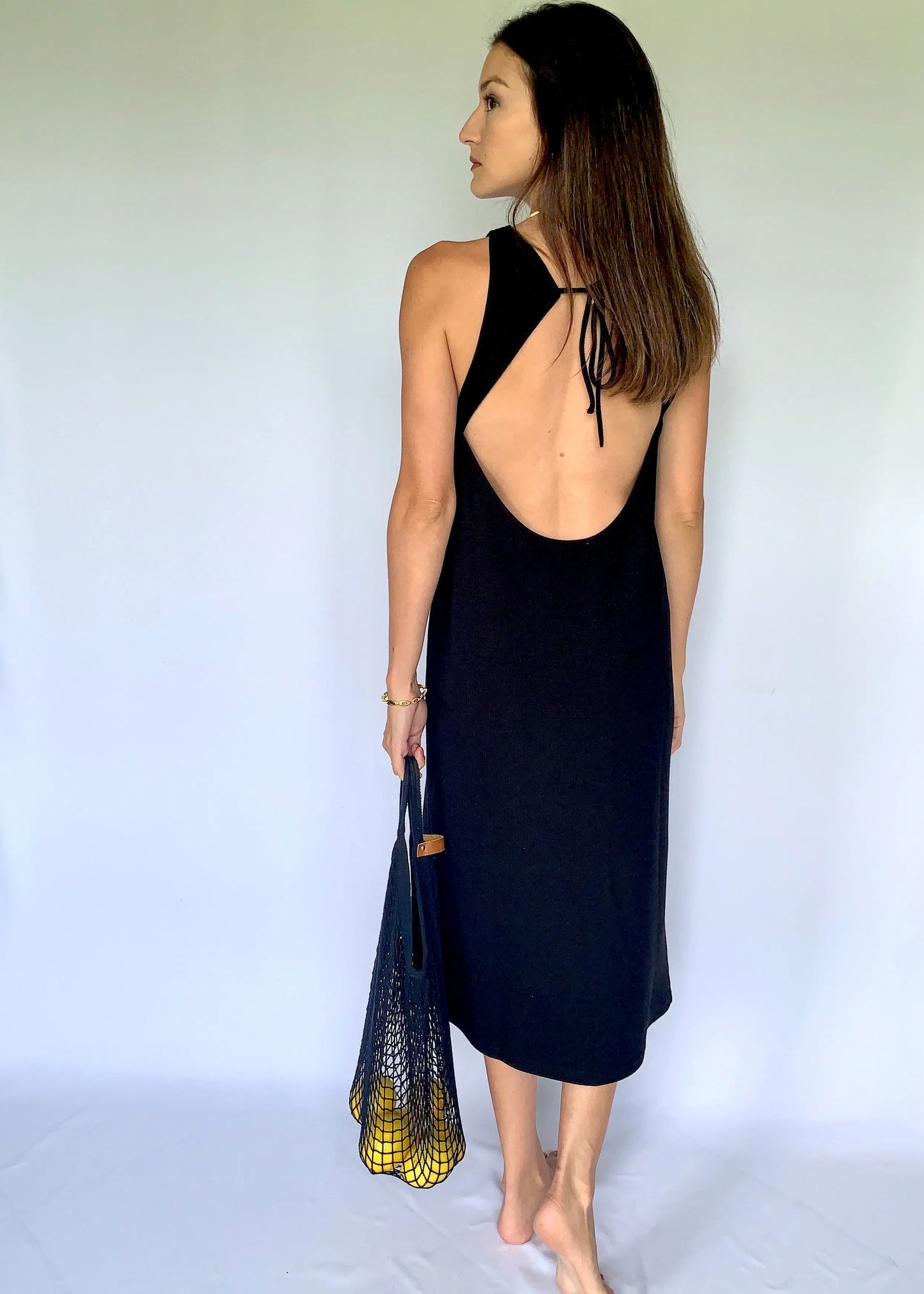 The Tiny Details Open Back Black Ribbed Knit Midi Dress