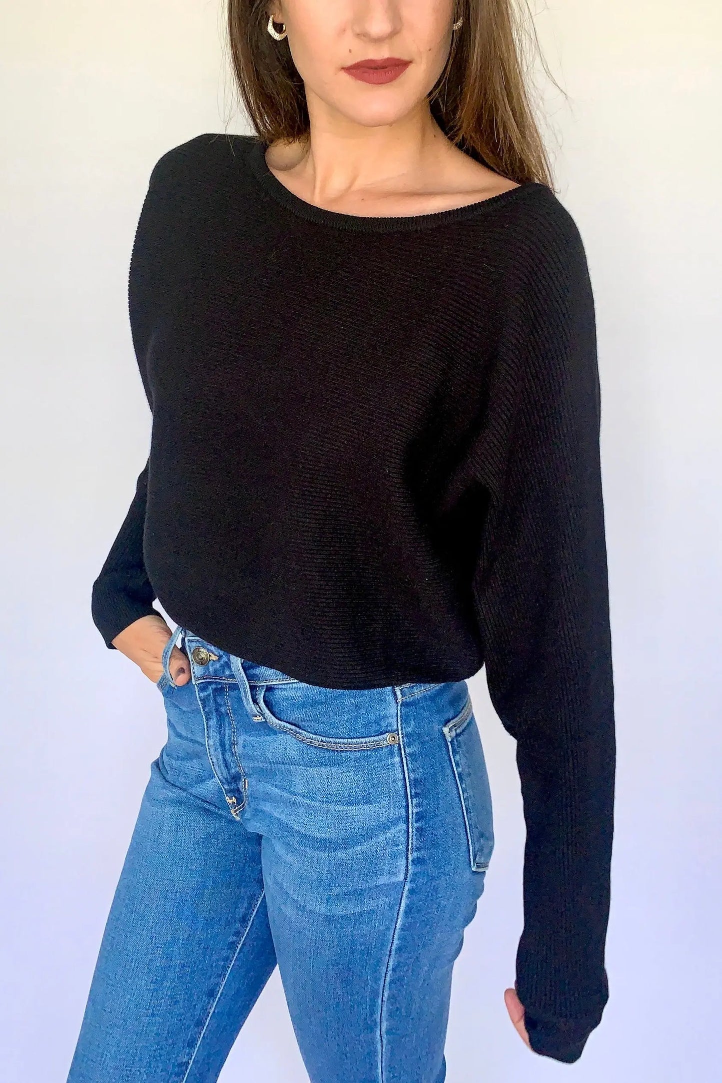 The Tiny Details Rib Knit OTS Dolman Black Sweater