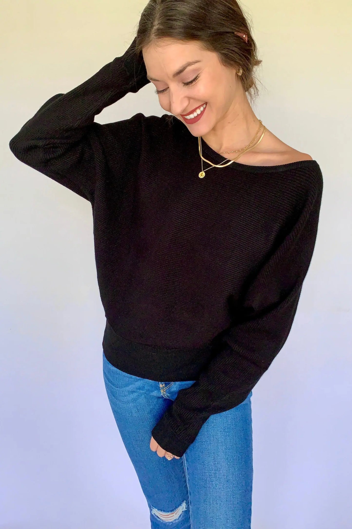 The Tiny Details Rib Knit OTS Dolman Black Sweater