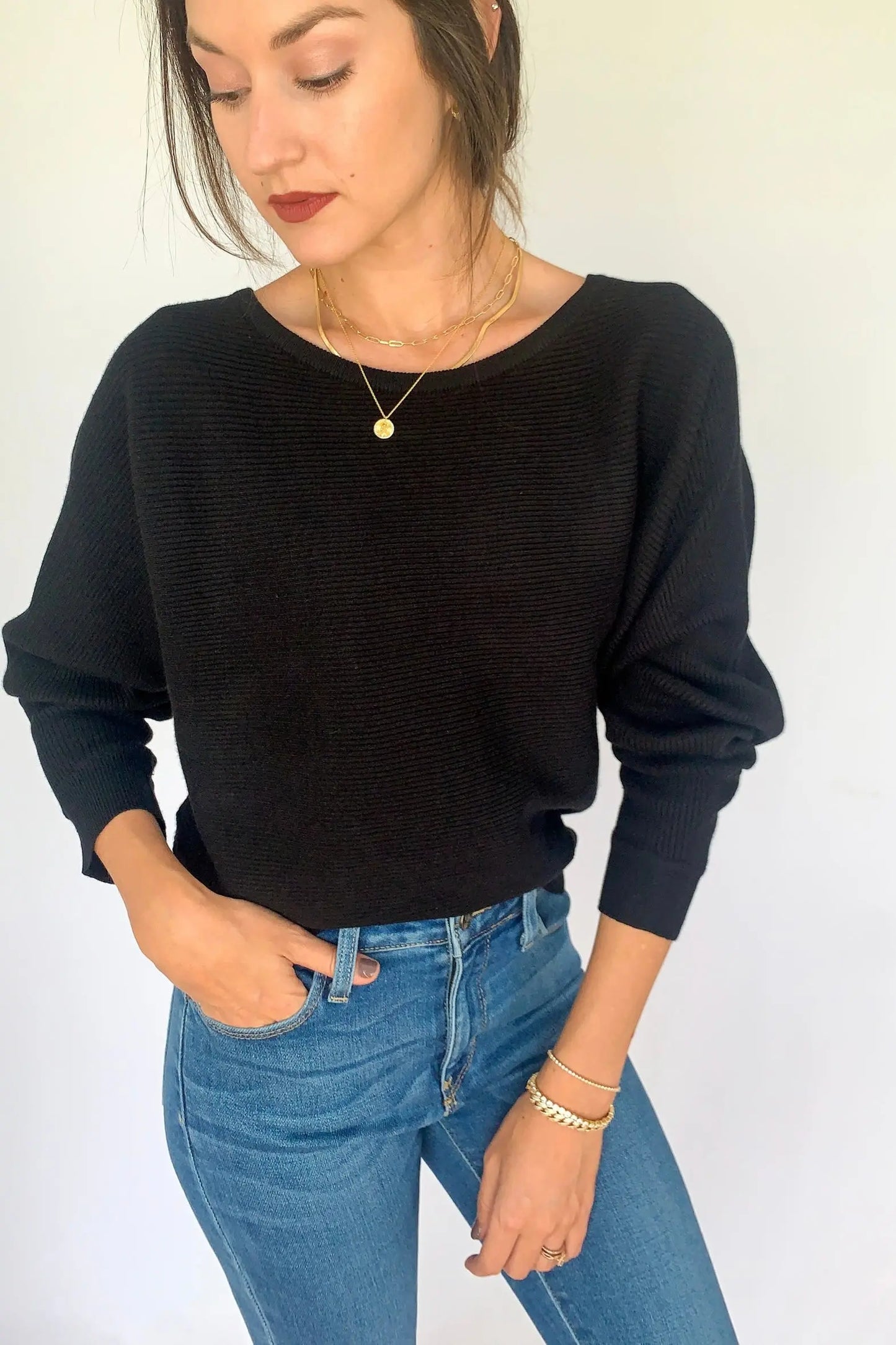 The Tiny Details Rib Knit OTS Dolman Black Sweater