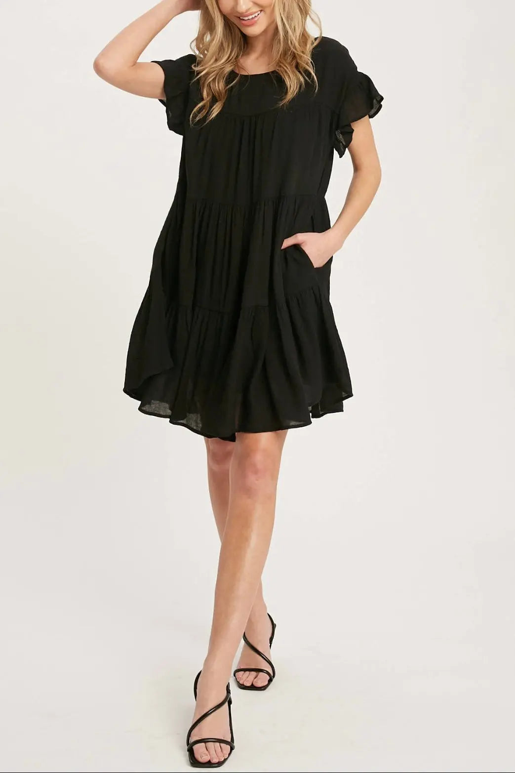 The Tiny Details Ruffle Hem Tiered Black Baby-Doll Dress