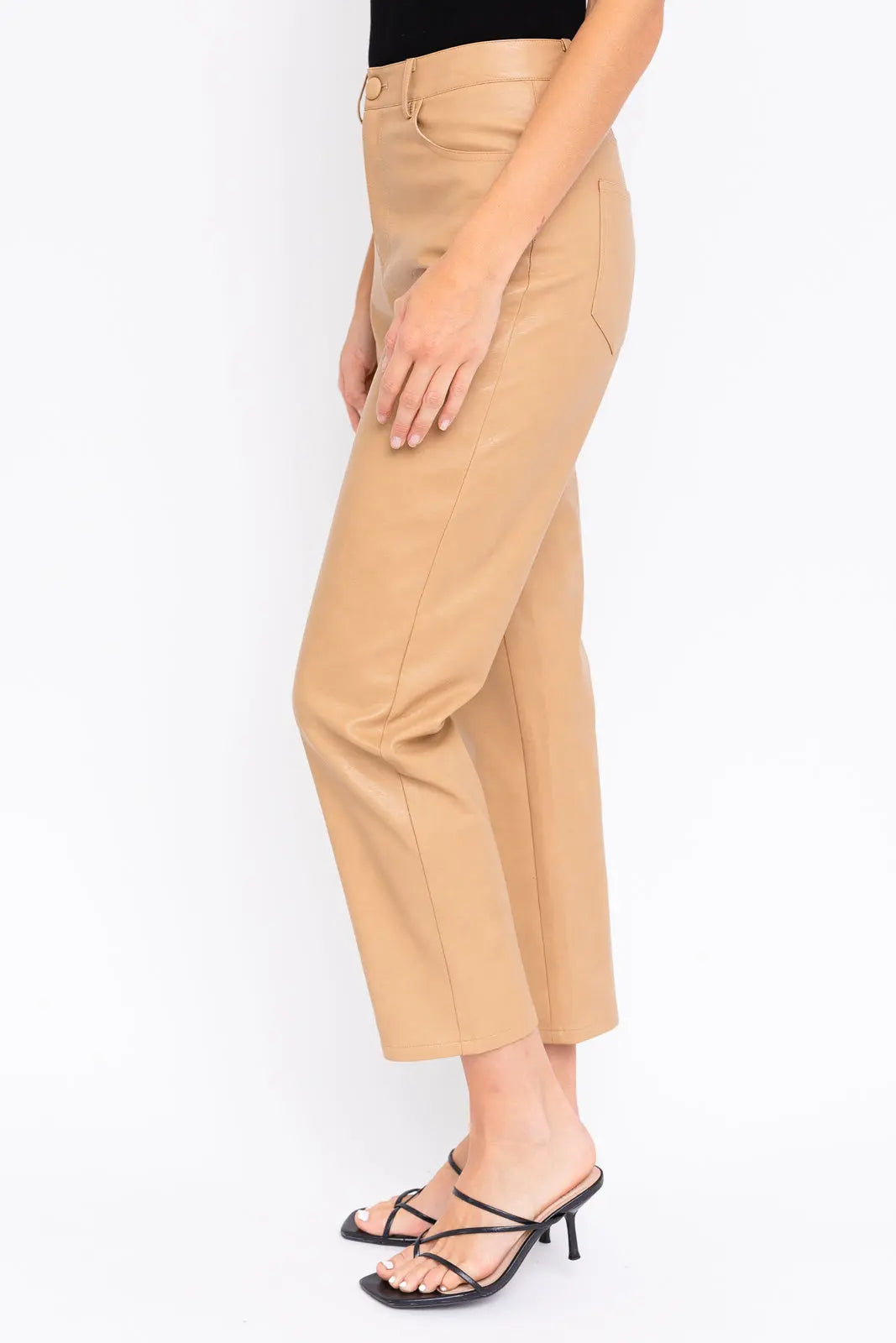 The Tiny Details showcasing Tan Faux Leather Straight Leg Pants for women