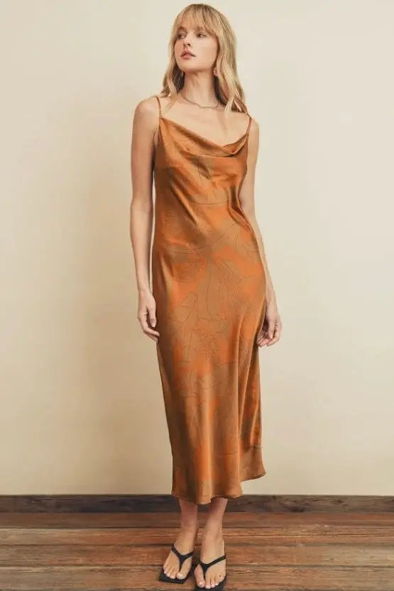 Tropical Cowl Neck Midi Slip Dress