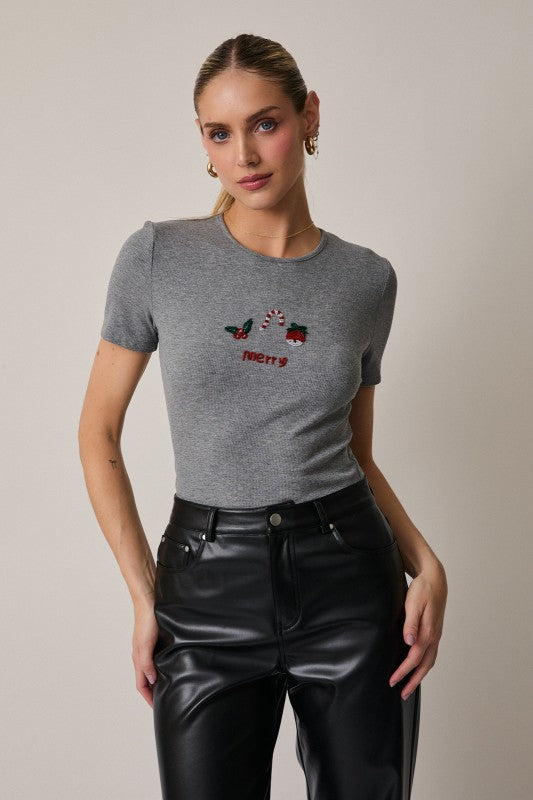 Merry Christmas Beaded Rib Tee - The Tiny Details