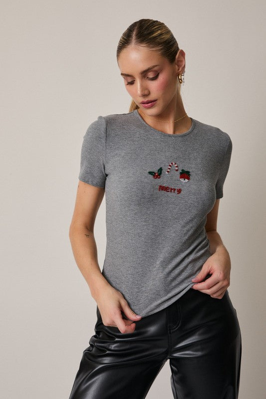 Merry Christmas Beaded Rib Tee - The Tiny Details