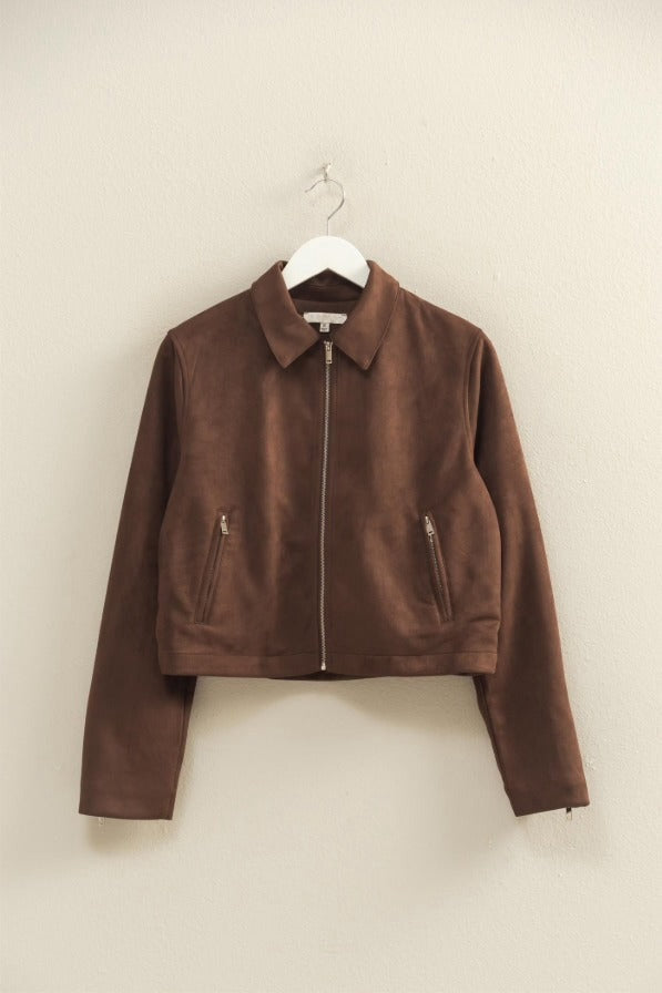 Espresso Suede Zip Up Collared Jacket