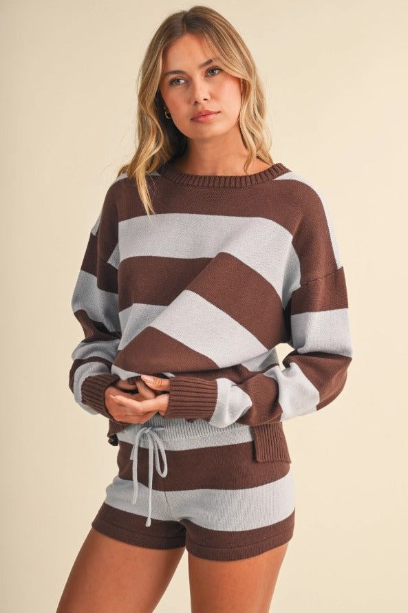 Striped Slouchy Pullover Sweater and Shorts Set