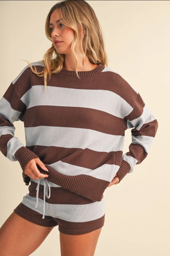 Striped Slouchy Pullover Sweater and Shorts Set