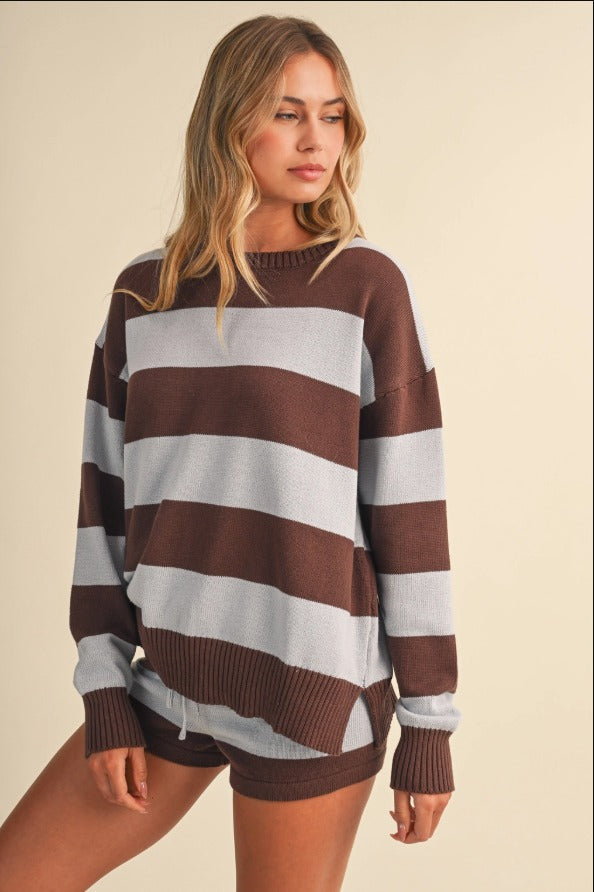 Striped Slouchy Pullover Sweater and Shorts Set