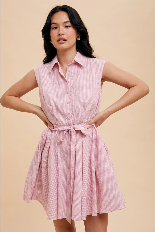 Seersucker Sleeveless Lapel Dress - The Tiny Details