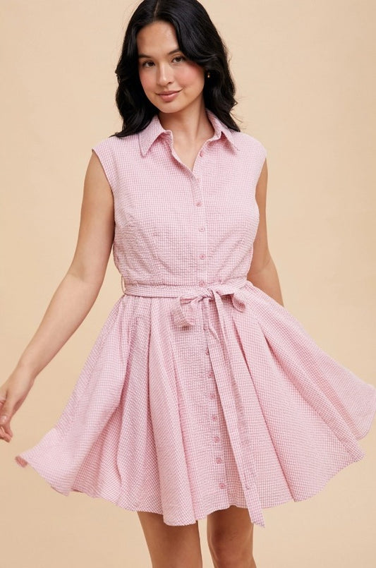 Seersucker Sleeveless Lapel Dress - The Tiny Details