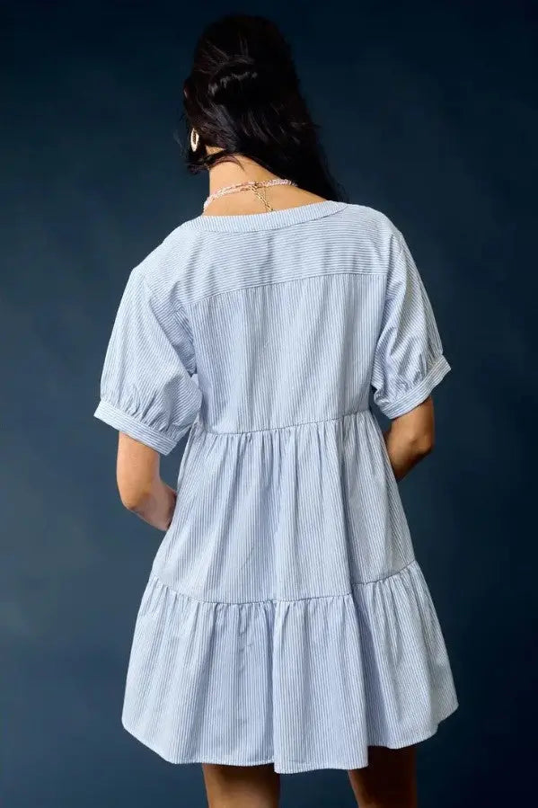 The Tiny Details Blue Striped V-Neck Tiered Baby Doll Dress