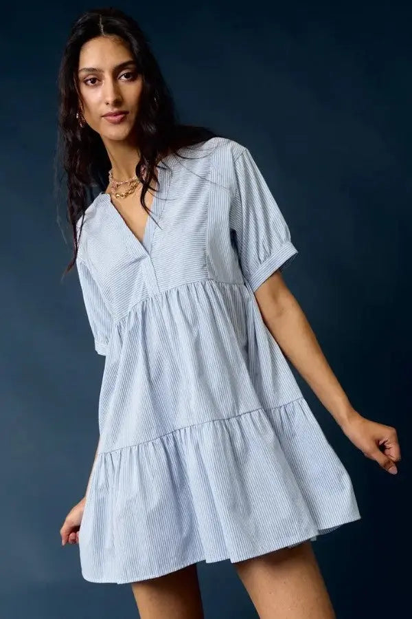 The Tiny Details Blue Striped V-Neck Tiered Baby Doll Dress