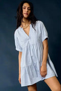 The Tiny Details Blue Striped V-Neck Tiered Baby Doll Dress