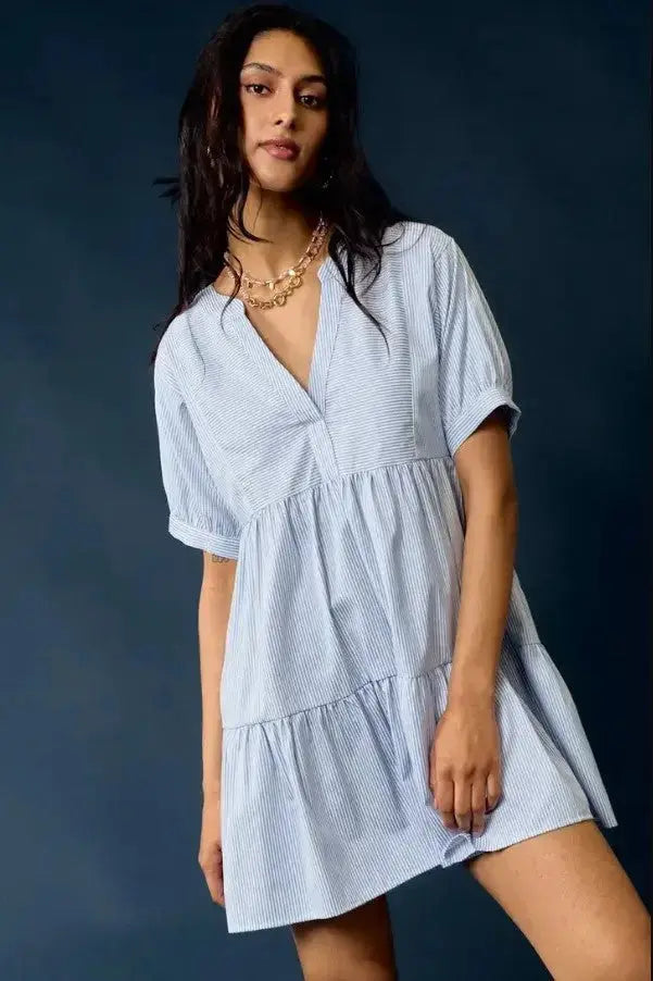 The Tiny Details Blue Striped V-Neck Tiered Baby Doll Dress
