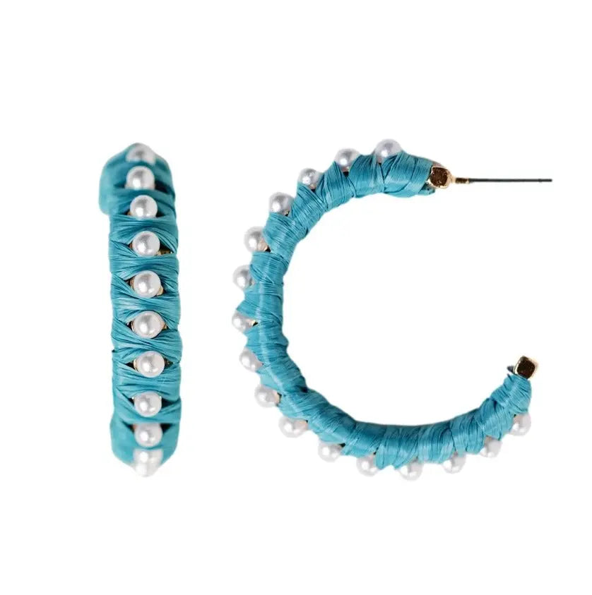 Blue Studded Pearl Raffia Hoop Earrings - The Tiny Details