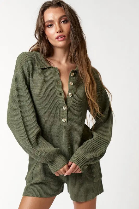 The Tiny Details Button Up Long Sleeve Sweater Romper