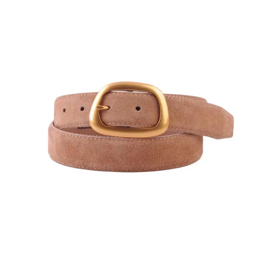 Camel Suede Belt with Organic Shape Buckle - The Tiny Details