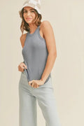 A women modeling a classic ribbed denim blue tank top