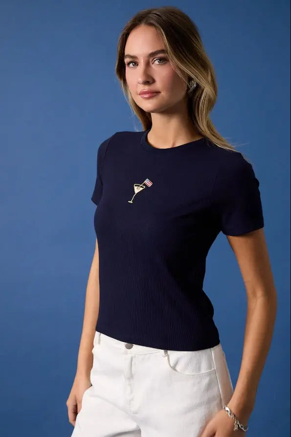 The Tiny Details Crew Neck USA Cocktail Embroidered Ribbed Baby Tee