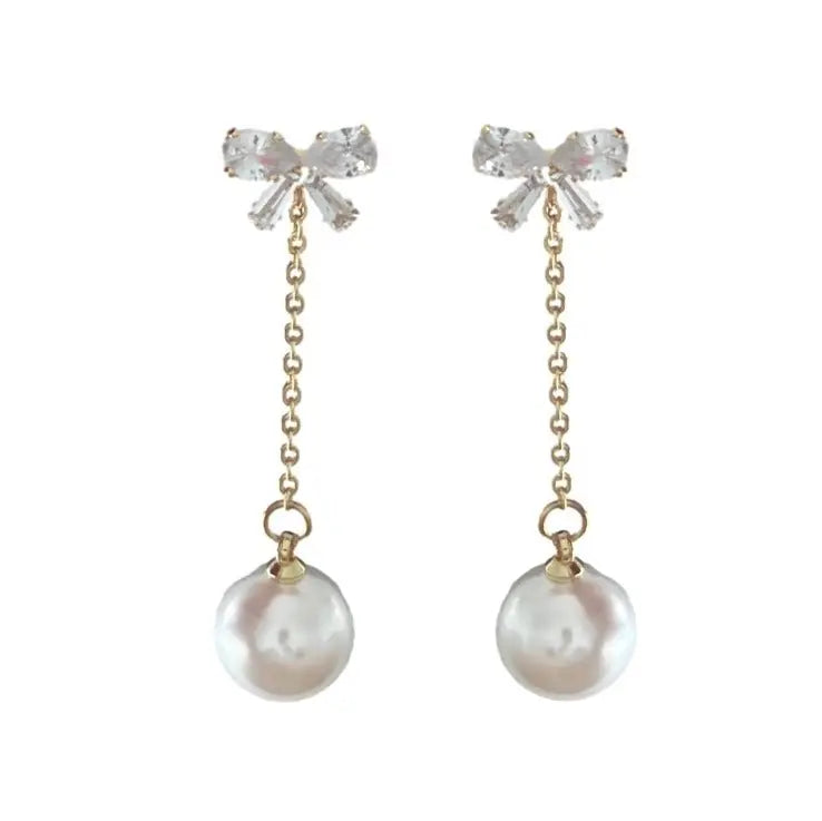 Crystal Bow and Pearl Drop Swingy Earrings - The Tiny Details