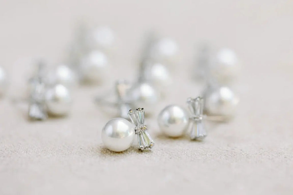 The Tiny Details Diamond Bow Mini Pearl Studs
